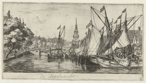 De Appelmarkt by Reinier Zeeman, created 1657 - 1661, in paper; etching. Download this artwork as a high-resolution wallpaper for desktop, tablet, or mobile. — Travel Wallpaper