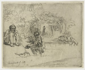 De baders by Rembrandt van Rijn, created 1651, in Japanese paper; etching; intaglio printmaking technique. Download this artwork as a high-resolution wallpaper — Rembrandt van Rijn Wallpaper