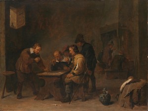De dobbelaars by David Teniers (II), created c. 1640, in panel; oil paint (paint). Download this artwork as a high-resolution wallpaper for desktop, tablet, or — David Teniers (II) Wallpaper