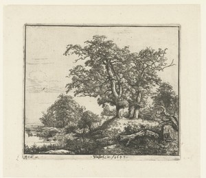 De drie eiken by Jacob Isaacksz van Ruisdael, created 1649, in paper; etching. Download this artwork as a high-resolution wallpaper for desktop, tablet, or mobi