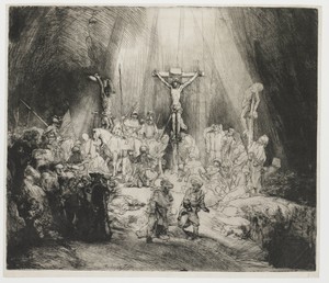 De drie kruisen by Rembrandt van Rijn, created 1653, in paper; intaglio printmaking technique; burijn; drypoint. Download this artwork as a high-resolution wall — Rembrandt van Rijn Wallpaper
