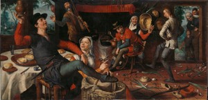 De eierdans by Pieter Aertsen, created 1552, in panel; oil paint (paint). Download this artwork as a high-resolution wallpaper for desktop, tablet, or mobile. — Pieter Aertsen Wallpaper