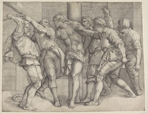 De Geseling by Battista Franco, created 1520 - 1561, in paper; etching. Download this artwork as a high-resolution wallpaper for desktop, tablet, or mobile. — Battista Franco Wallpaper