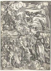 De hoer van Babylon by Albrecht Dürer, created 1496 - 1497, in paper; letterpress printing; houtsnede. Download this artwork as a high-resolution wallpaper for — Albrecht Dürer Wallpaper