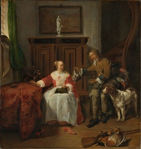 De jagersbuit by Gabriel Metsu, created c. 1658 - c. 1661, in canvas; oil paint (paint). Download this artwork as a high-resolution wallpaper for desktop, table — Gabriel Metsu Wallpaper