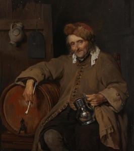 De oude drinker by Gabriel Metsu, created c. 1661 - c. 1663, in panel; oil paint (paint). Download this artwork as a high-resolution wallpaper for desktop, tabl — Gabriel Metsu Wallpaper