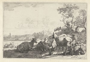 De schaapherder by Paulus Potter, created 1644, in paper; etching. Download this artwork as a high-resolution wallpaper for desktop, tablet, or mobile. — Paulus Potter Wallpaper