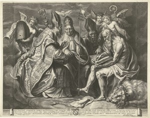 De vier kerkvaders by Cornelis Galle (I), created c. 1630 - c. 1642, in paper; engraving. Download this artwork as a high-resolution wallpaper for desktop, tabl — Cornelis Galle (I) Wallpaper