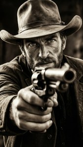 Intenst nærbillede af Lucky Luke, der sigter med sin revolver