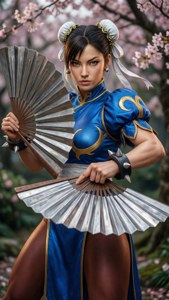Kitana posa con abanicos entre flores de cerezo
