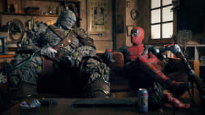 Deadpool and The Thing lounging on a couch in a cluttered retro gaming room. — Couch Wallpaper