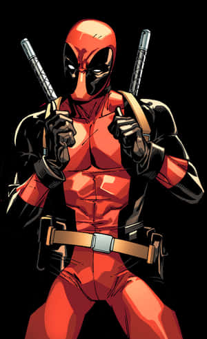 Deadpool in red and black suit holding katanas against black background — Marvel Superheroes PNG