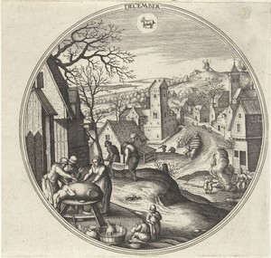 December by Adriaen Collaert, created 1578 - 1582, in paper; engraving. Download this artwork as a high-resolution wallpaper for desktop, tablet, or mobile. — Adriaen Collaert Wallpaper