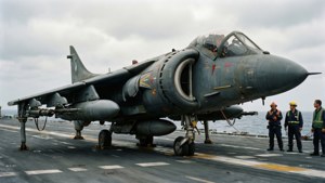 Een geparkeerde Sea Harrier op een vliegdekschipdek, bewapend en klaar, met grondpersoneel in de buurt.