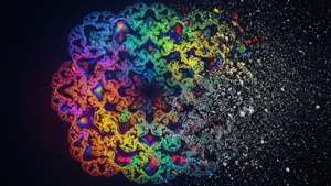 Visualisasi artistik dekoherensi kuantum sebagai fraktal yang memudar