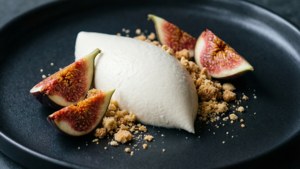 Artistieke gedeconstrueerde blancmange met vijg en crumble.