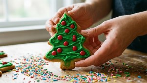Des mains décorent un biscuit sapin de Noël avec du glaçage et des bonbons, joyeux moment en famille.