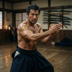 A shirtless martial artist in a dojo with swords on the wall. — Sharrkan Wallpaper