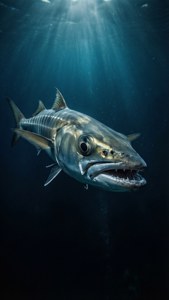 Barracuda i djupt blått vatten med dramatisk belysning.