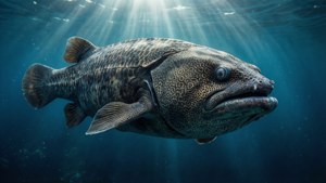 Un celacanto fotorealistico che scivola attraverso l'oceano profondo illuminato dal sole