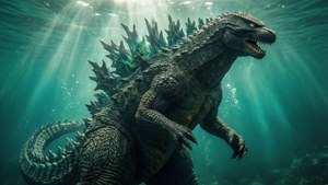 Godzilla 1998 swims underwater, surrounded by light rays and bubbles.