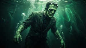 O monstro de Frankenstein submerso em um lago escuro e misterioso.