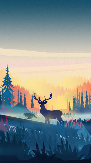 A deer stands in a forest at sunset with colorful sky.