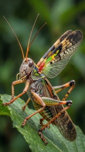 A katydid showing bright wings in a defensive pose.