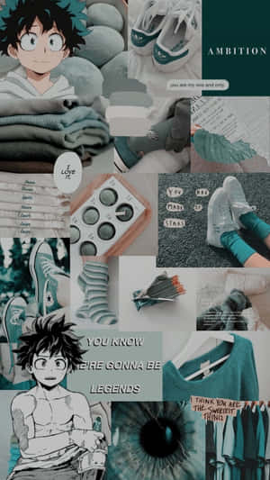 Tealfarbene Anime-Collage mit Sneakers, Socken und motivierenden Zitaten. — Kazuya Mishima Wallpaper