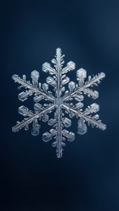 A detailed snowflake with geometric arms against a dark blue background.
