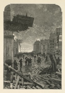 Demolition by Daniel Vierge, created 1869, in lithograph. Download this artwork as a high-resolution wallpaper for desktop, tablet, or mobile.
