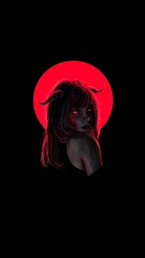 A demon girl with glowing red eyes and horns against a red circle in darkness.