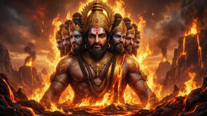 De tienkoppige Ravana die boven het brandende Lanka uittorent