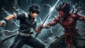 Young swordsman fighting red demon in anime style with water splashing. — Giyu Tomioka Wallpaper