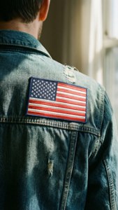 American flag patch on denim jacket in sunlight.