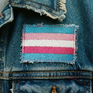 Nærbillede af en lesbisk flaglap på en denimjakke, håndlavet og aktivistisk stil.