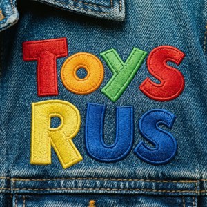 Toys R Us-logo som en brodert lapp