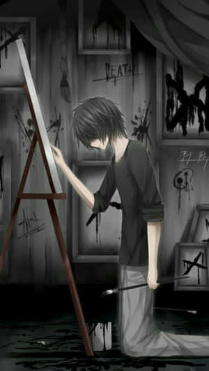 Young anime artist painting in a dark graffiti-covered studio. — Anxiety iPhone Picture