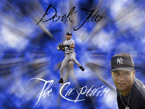 Derek Jeter in Yankees-Uniform beim Werfen mit Porträt und Text auf blauem Bewegungsunschärfe-Hintergrund.