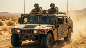 Dos soldados cruzan un desierto polvoriento en un Humvee, hermanos en movimiento