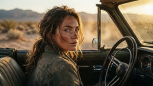 Sara Waisglass dans une voiture vintage dans le désert, scène aventureuse au coucher du soleil.