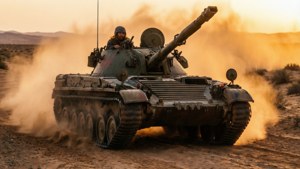 Ein BMP-1, der bei Sonnenuntergang durch eine Wüste rast, Sand aufwirbelt, warme Töne.