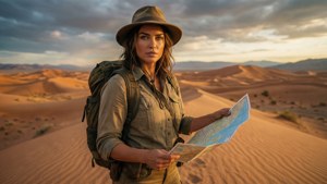 Caity Lotz sebagai penjelajah di gurun dengan peta, petualangan, dan wallpaper sinematik.