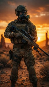 Pansret soldat med gassmaske i ørkensolnedgang, Call of Duty Modern Warfare.