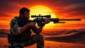 Chris Kyle silhuet med riffel mod ørkensolnedgang, minimalistisk wallpaper