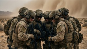 Militärteam, das sich in einer Wüste bei einem nahenden Sandsturm versammelt