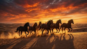 Sieben Pferdesilhouetten rasen bei Sonnenuntergang über Wüstendünen.