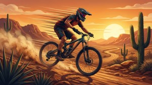 Illustration vectorielle plate de VTT sur un sentier poussiéreux au coucher du soleil, couleurs du désert, fond d'écran motivant et ludique.