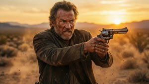 En bestemt cowboy sikter en revolver i en ørken ved solnedgang.