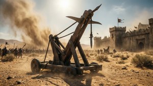 En katapult i en sandstorm i ørkenen som angriper en festning.